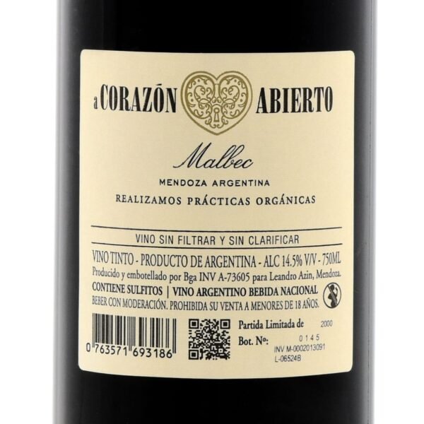 a CORAZON ABIERTO Malbec etiqueta blanca